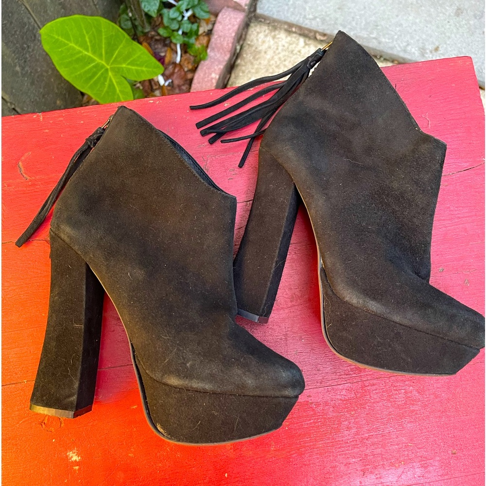 STEVE MADDEN GAVVIN Black suede funky heel platform ankle boots 7.5M Moto Goth